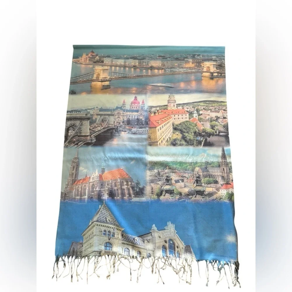 Large Hungarian Budapest Shawl Cloak Pashmina Cashmere Wrap Fringe Blue 75X30”